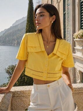 Vintage Yellow Crop Blouse Sailor Collar Lace Trim Button Front Summer Top